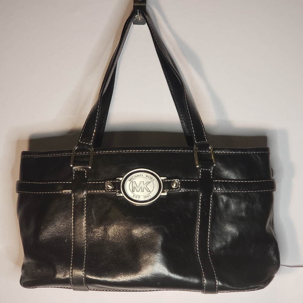 MICHAEL KORS LARGE BLACK LEATHER TOTE SILVER TONE HARDWARE